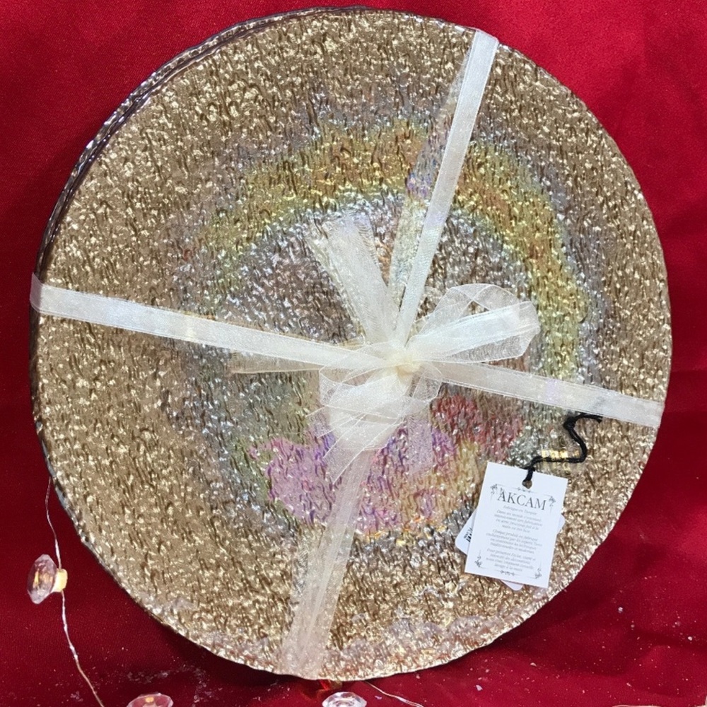 Akcam Gold Glass Iridescent Opal Holiday Salad Plates Made In Turkey Set 4